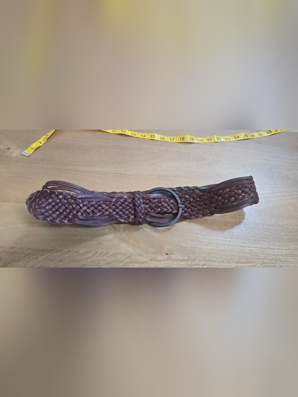 Braided Brown Leather Belt with Round Gunmetal Buckle